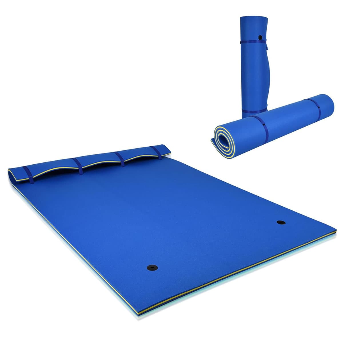 CostwayTapis Flottant d’Eau en Mousse XPE Résistant aux Déchirures Matelas Flottant avec Oreiller Roulant & Cordon Élastique Coussin Flottant Bleu