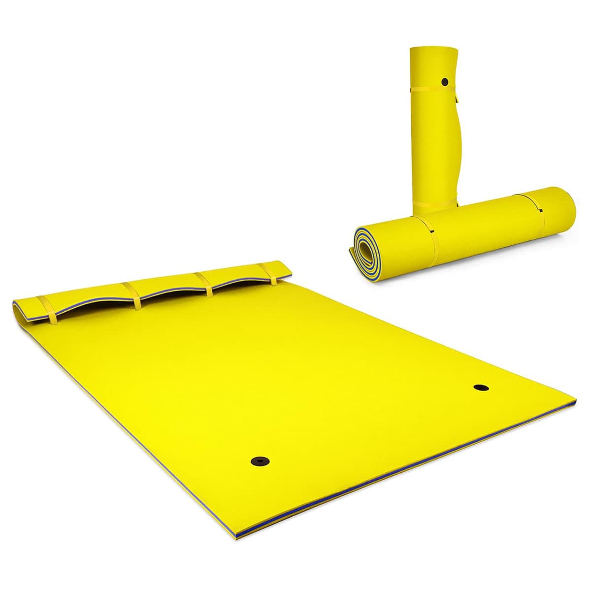 CostwayTapis Flottant d’Eau en Mousse XPE Résistant aux Déchirures Matelas Flottant avec Oreiller Roulant & Cordon Élastique Coussin Flottant Jaune