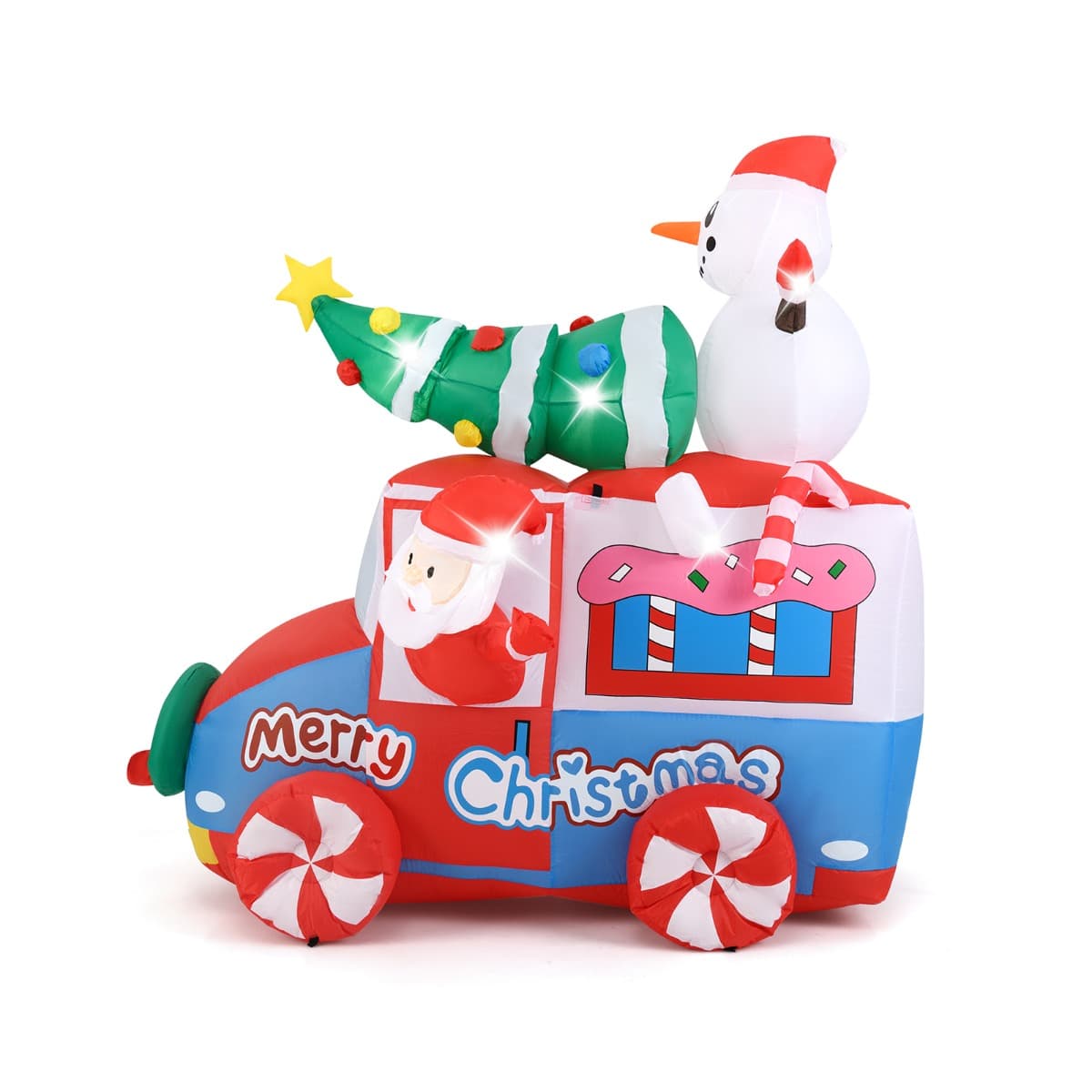 CostwayPère Noël Gonflable de 177 cm sur Une Voiture avec Bonhomme de Neige Décoration de Noël avec Sapin de Noël et Couronne 5 LED