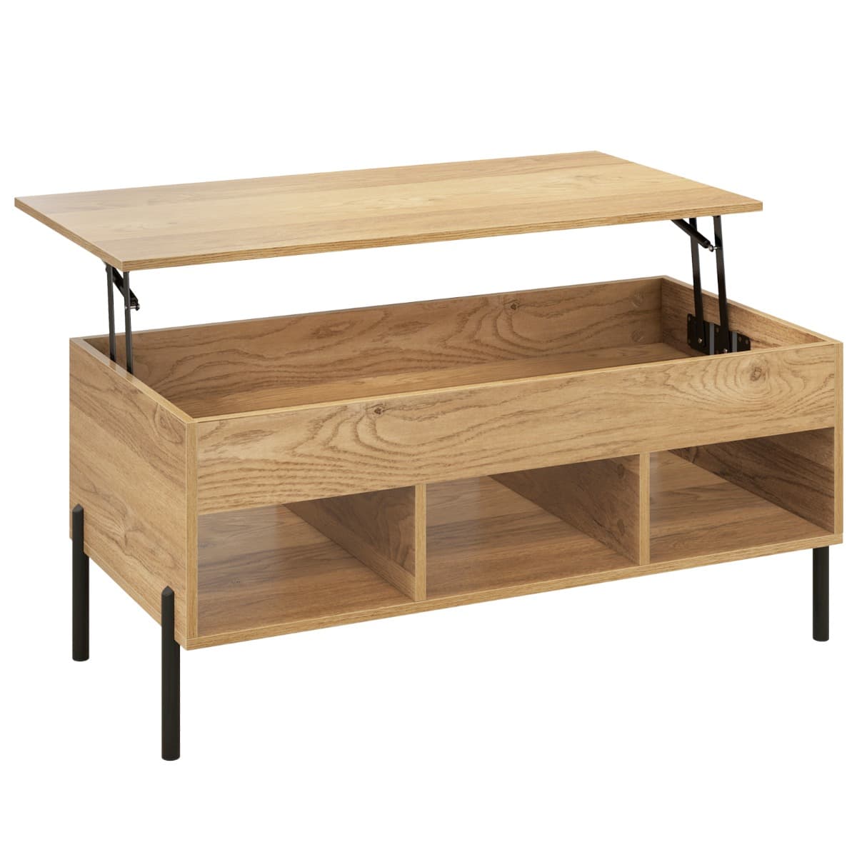 Table Basse Plateau Relevable avec 3 Compartiments et Rangement Caché Table de Salon à Pied en Métal