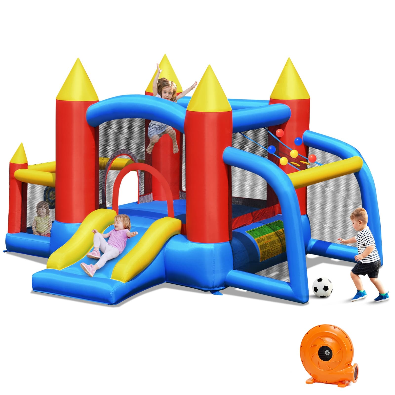CostwayChâteau Gonflable pour Enfants avec Souffleur 450W Toboggan 60 Boules Colorées,Jeux de Fléchettes But de Football Sac